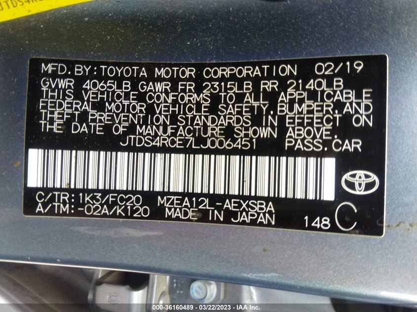 VIN JTDS4RCE7LJ006451 2020 TOYOTA COROLLA SE/NIGHTSHADE