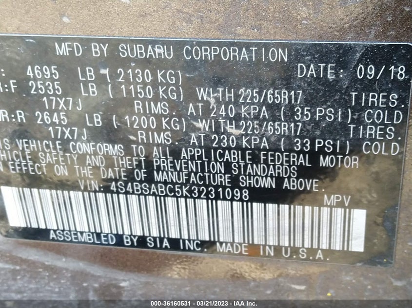 VIN 4S4BSABC5K3231098 2019 SUBARU OUTBACK