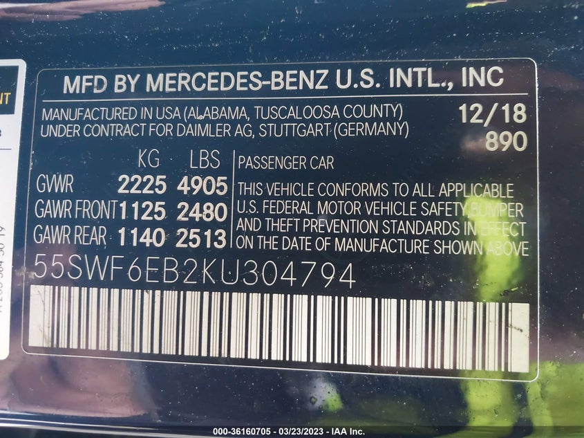 VIN 55SWF6EB2KU304794 2019 MERCEDES-BENZ C-CLASS AMG C 43