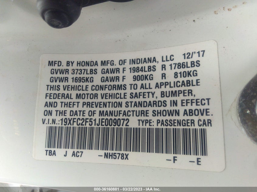 VIN 19XFC2F51JE009072 2018 HONDA CIVIC SEDAN LX