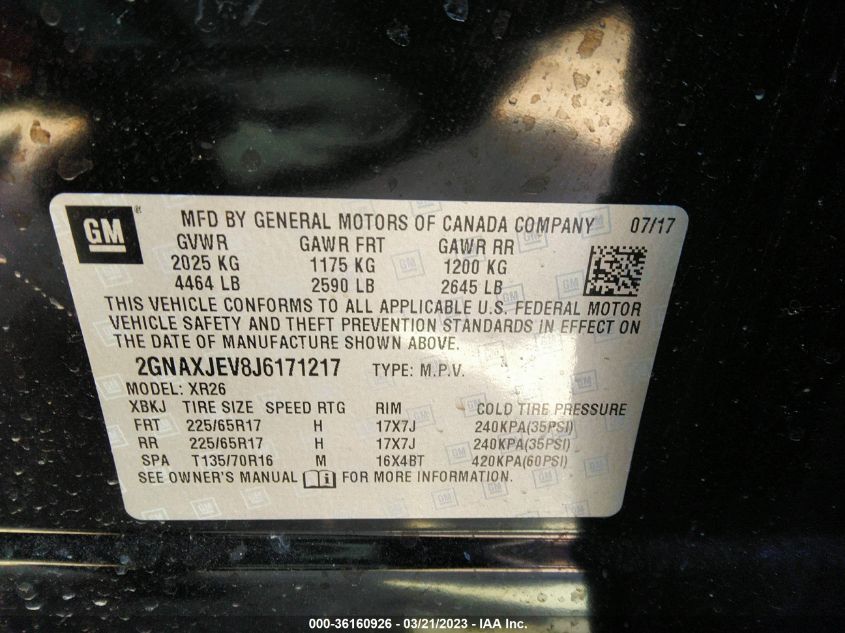 2018 CHEVROLET EQUINOX LT - 2GNAXJEV8J6171217