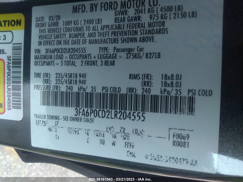 VIN 3FA6P0CD2LR204555 2020 FORD FUSION SEL