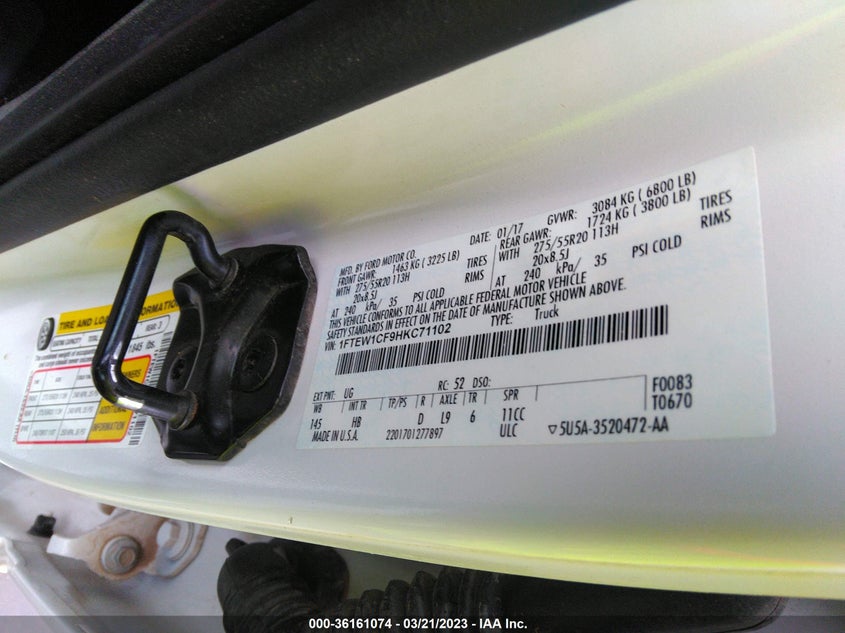 VIN 1FTEW1CF9HKC71102 2017 FORD F-150 XL/XLT/LARIAT