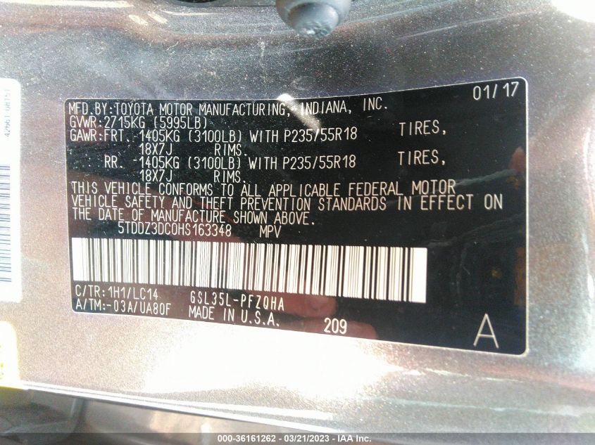 2017 TOYOTA SIENNA XLE - 5TDDZ3DC0HS163348