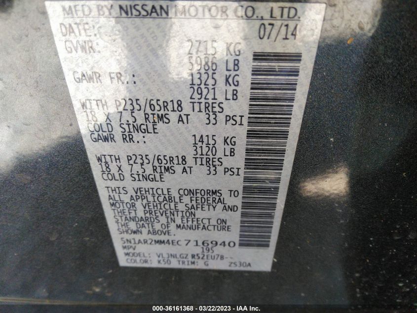 2014 NISSAN PATHFINDER SL - 5N1AR2MM4EC716940