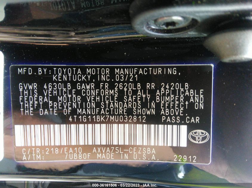 2021 TOYOTA CAMRY SE - 4T1G11BK7MU032812