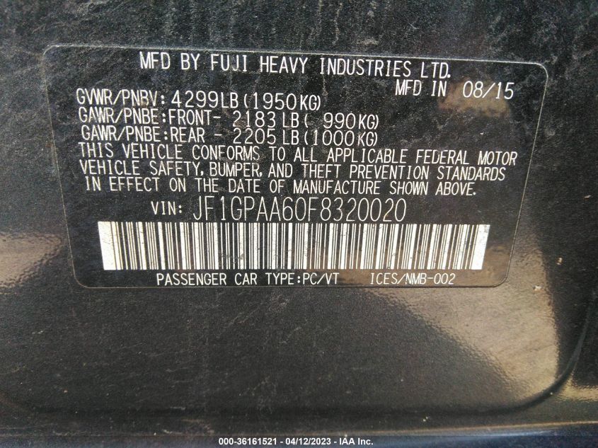 2015 SUBARU IMPREZA 2.0I - JF1GPAA60F8320020