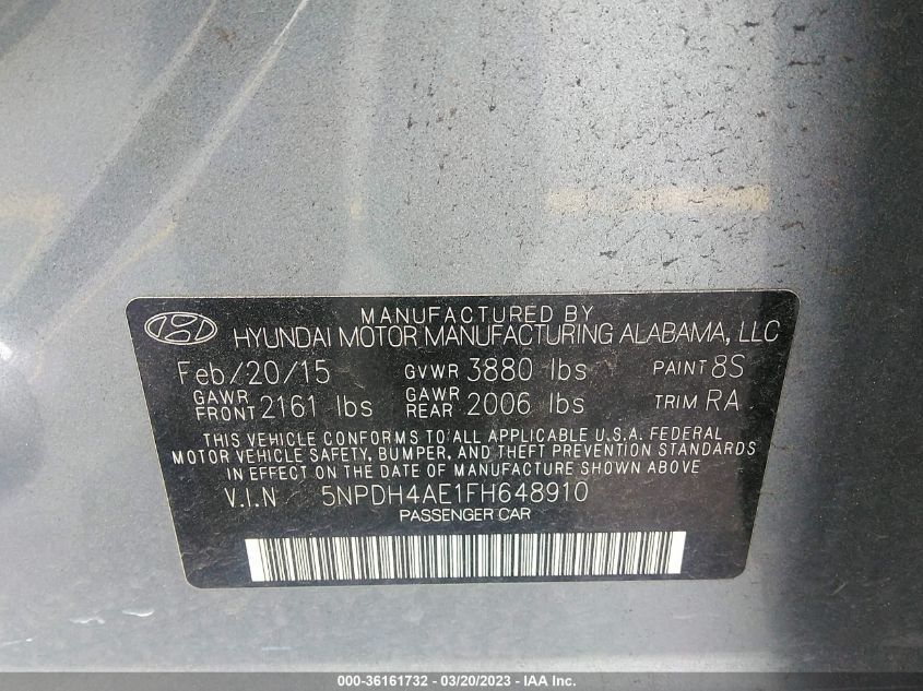 2015 HYUNDAI ELANTRA SE - 5NPDH4AE1FH648910
