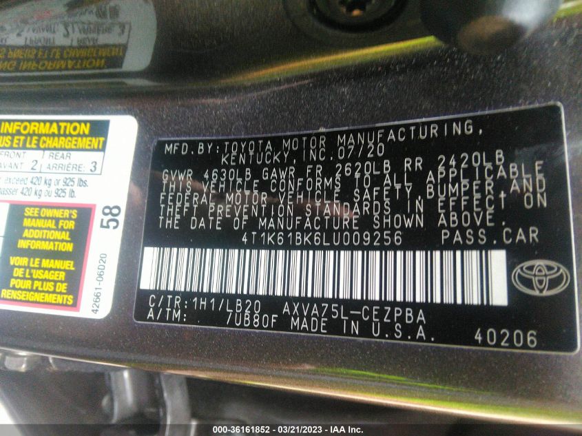2020 TOYOTA CAMRY XSE - 4T1K61BK6LU009256