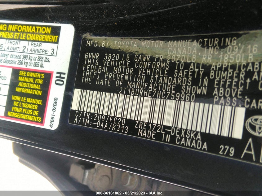 2017 TOYOTA COROLLA VIN: 2T1BURHE7HC759960
