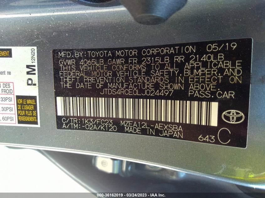 VIN JTDS4RCE0LJ024497 2020 TOYOTA COROLLA SE/NIGHTSHADE