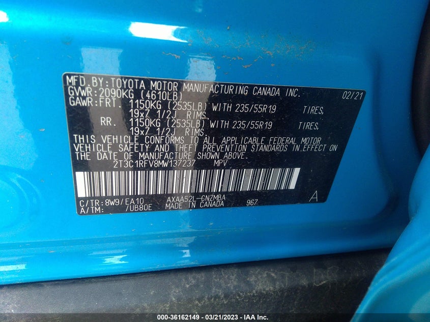 VIN 2T3C1RFV8MW137237 2021 TOYOTA RAV4 XLE PREMIUM
