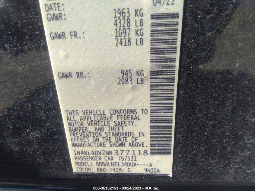 2022 NISSAN ALTIMA 2.5 SV - 1N4BL4DV2NN377118