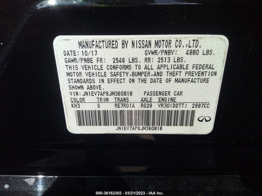 VIN JN1EV7AP6JM360818 2018 INFINITI Q50 3.0T LUXE