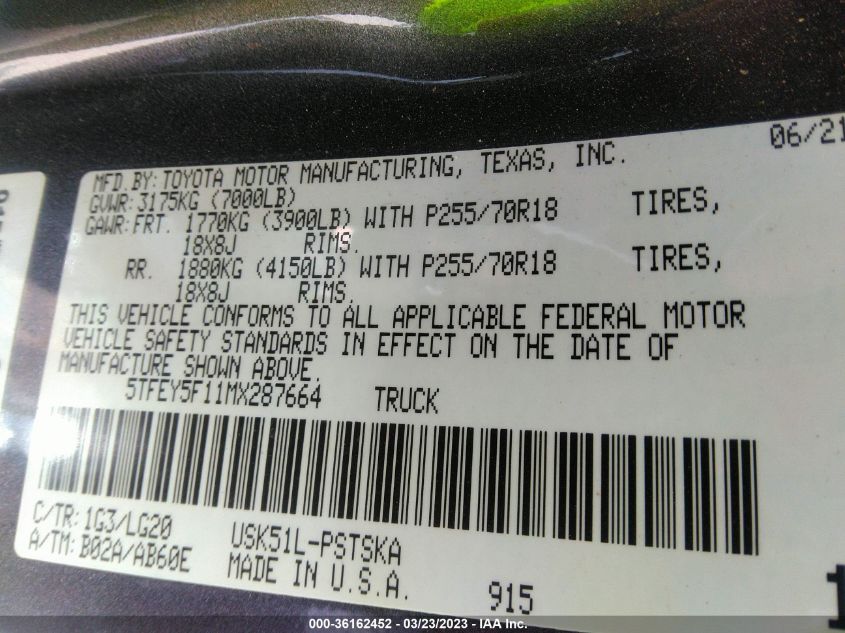 2021 TOYOTA TUNDRA 2WD SR5 5TFEY5F11MX287664