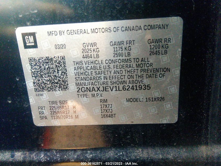 2020 CHEVROLET EQUINOX LT - 2GNAXJEV1L6241935