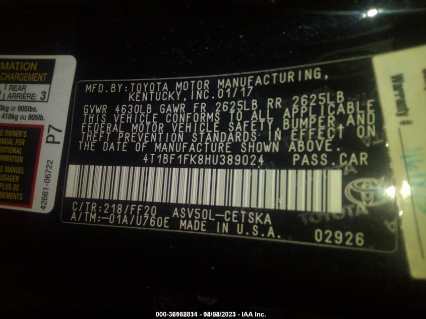 2017 TOYOTA CAMRY SE - 4T1BF1FK8HU389024