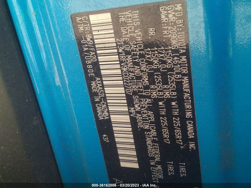 VIN 2T3W1RFV9KC022707 2019 TOYOTA RAV4 XLE