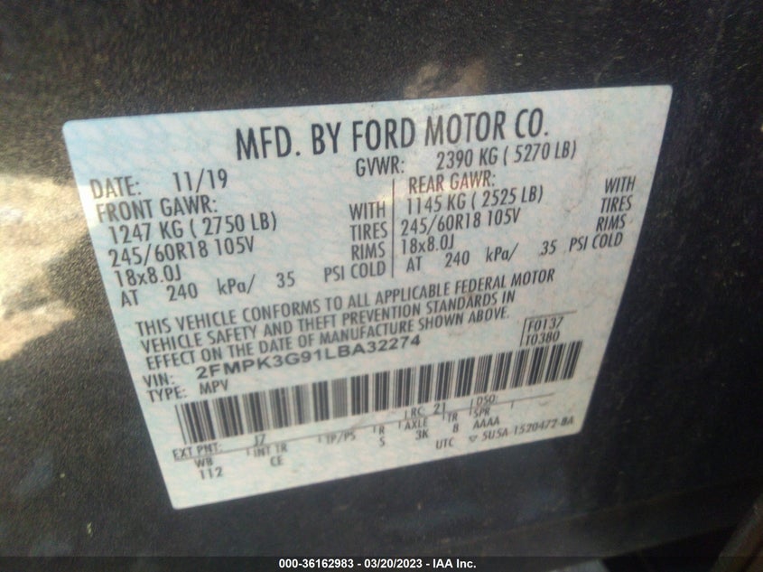 VIN 2FMPK3G91LBA32274 2020 FORD EDGE SE