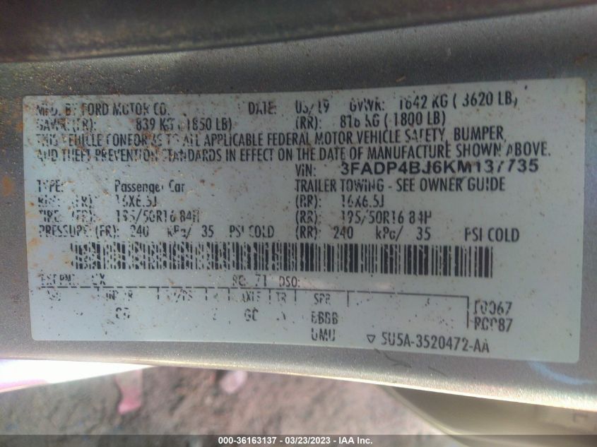 2019 FORD FIESTA SE - 3FADP4BJ6KM137735