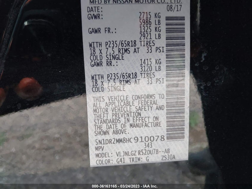 VIN 5N1DR2MM8HC910078 2017 NISSAN PATHFINDER SL