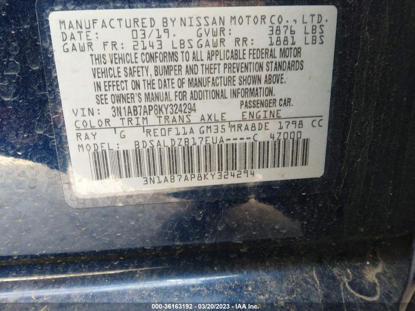 VIN 3N1AB7AP8KY324294 2019 NISSAN SENTRA SV