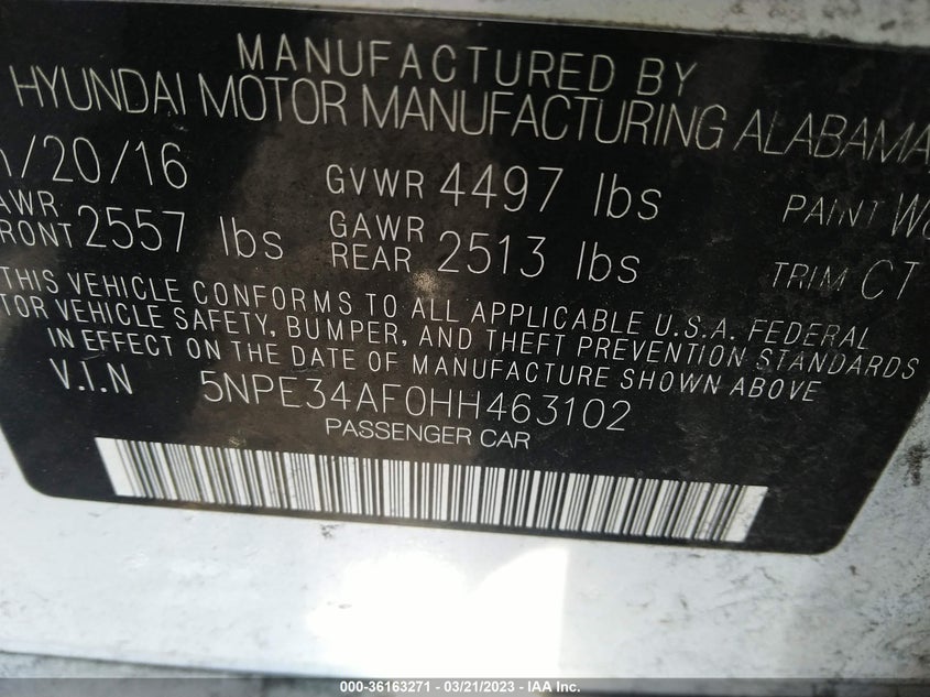 VIN 5NPE34AF0HH463102 2017 HYUNDAI SONATA SPORT