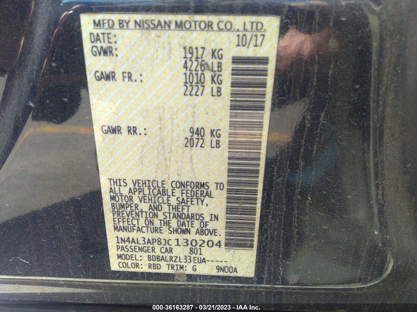 VIN 1N4AL3AP8JC130204 2018 NISSAN ALTIMA 2.5 SL