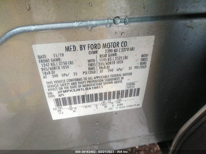 VIN 2FMPK3J91LBA19811 2020 FORD EDGE SEL/ST LINE