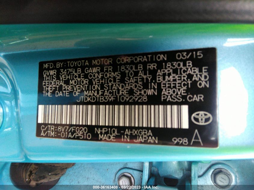 2015 TOYOTA PRIUS C ONE/TWO/THREE/FOUR - JTDKDTB39F1092928