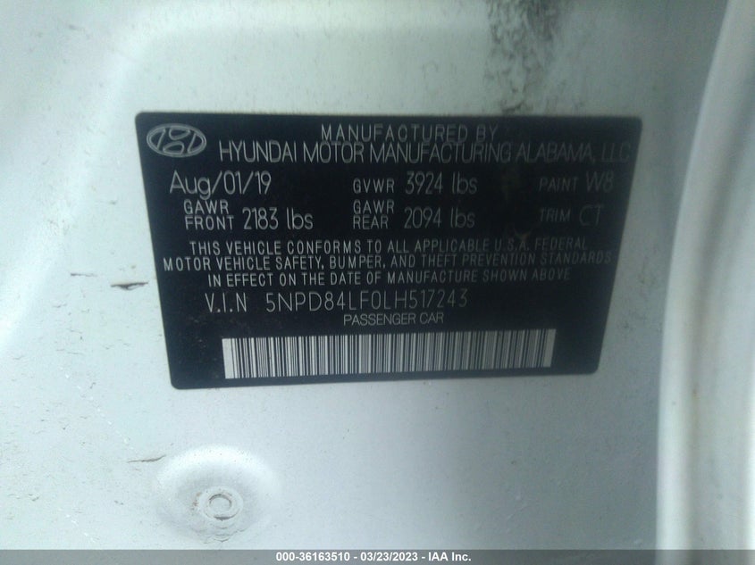 VIN 5NPD84LF0LH517243 2020 HYUNDAI ELANTRA SEL