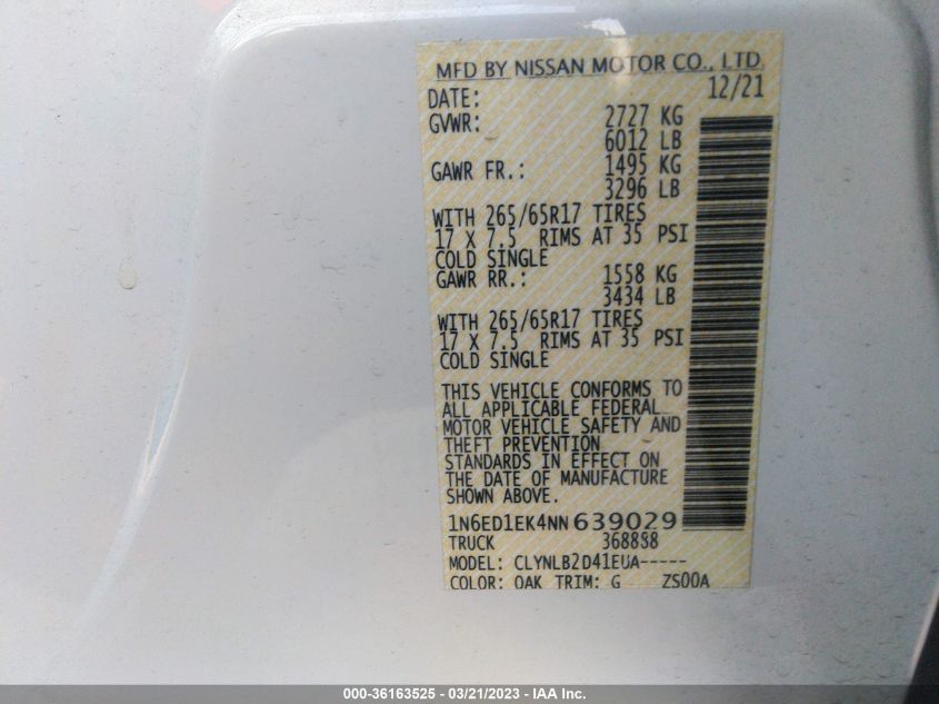 2022 NISSAN FRONTIER SV - 1N6ED1EK4NN639029