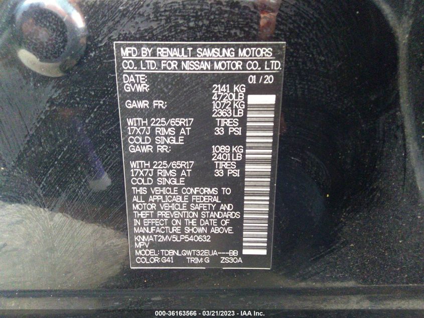 2020 NISSAN ROGUE SV - KNMAT2MV5LP540632