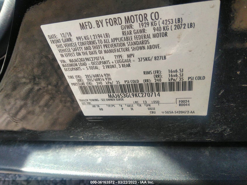 VIN MAJ6S3GL9KC270714 2019 FORD ECOSPORT SE