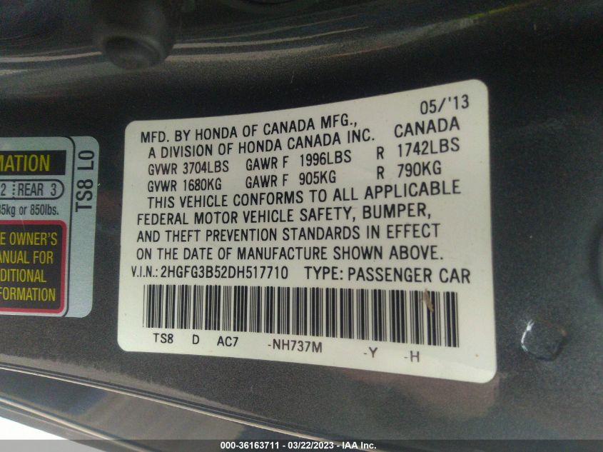 2013 HONDA CIVIC CPE LX 2HGFG3B52DH517710