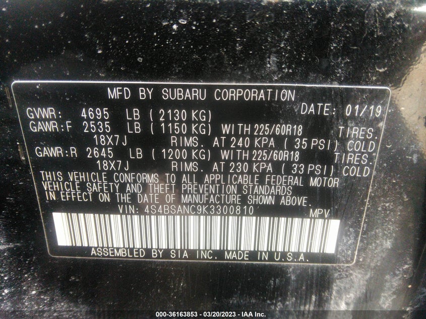 VIN 4S4BSANC9K3300810 2019 SUBARU OUTBACK LIMITED