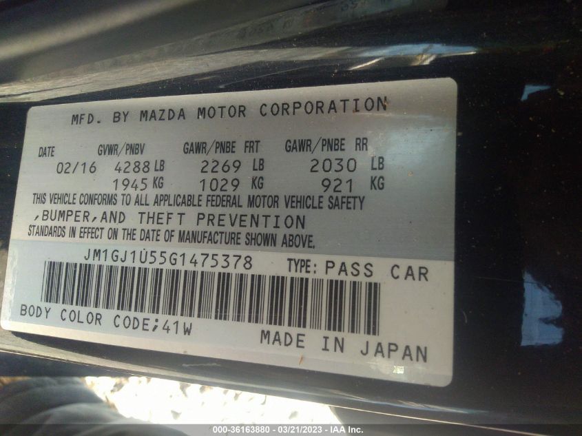 2016 MAZDA MAZDA6 I SPORT - JM1GJ1U55G1475378