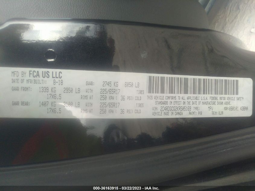 2019 DODGE GRAND CARAVAN SXT - 2C4RDGCG2KR505169
