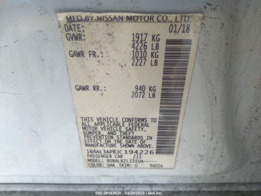 VIN 1N4AL3AP8JC194226 2018 NISSAN ALTIMA 2.5 SL