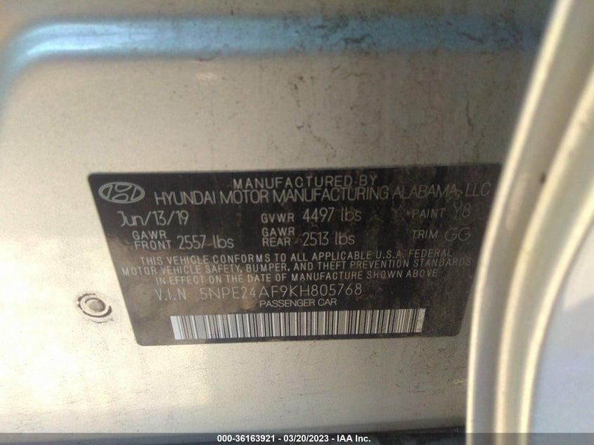 VIN 5NPE24AF9KH805768 2019 HYUNDAI SONATA SE