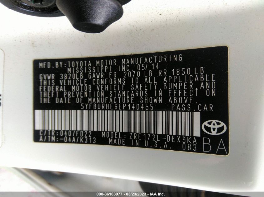 2014 TOYOTA COROLLA L/LE/S/S PLUS/LE PLUS - 5YFBURHE6EP140455