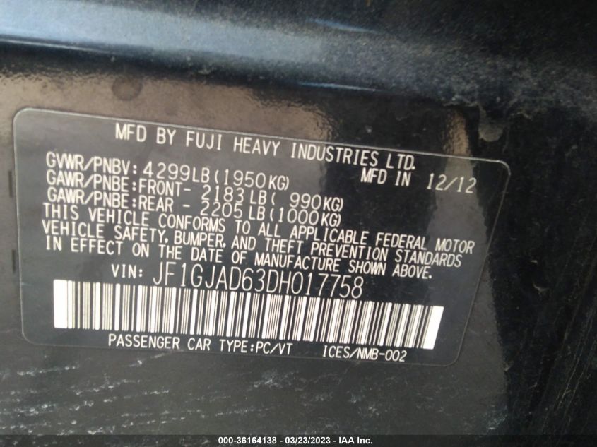 2013 SUBARU IMPREZA SEDAN PREMIUM - JF1GJAD63DH017758