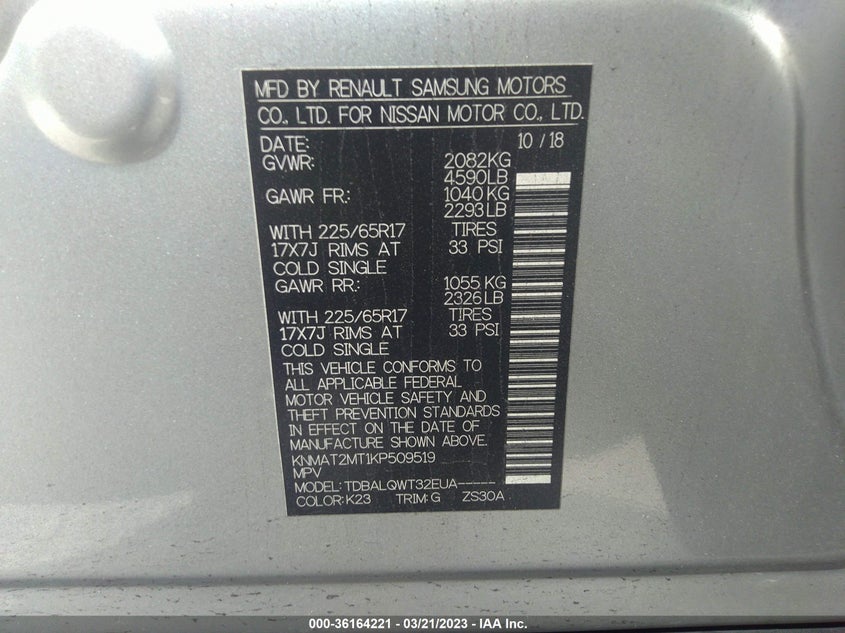 VIN KNMAT2MT1KP509519 2019 NISSAN ROGUE SV
