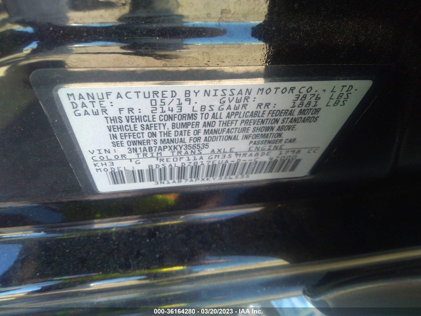 VIN 3N1AB7APXKY356535 2019 NISSAN SENTRA SV