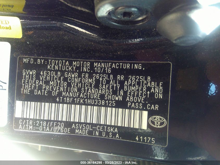 2017 TOYOTA CAMRY XLE/SE/LE/XSE - 4T1BF1FK1HU338125