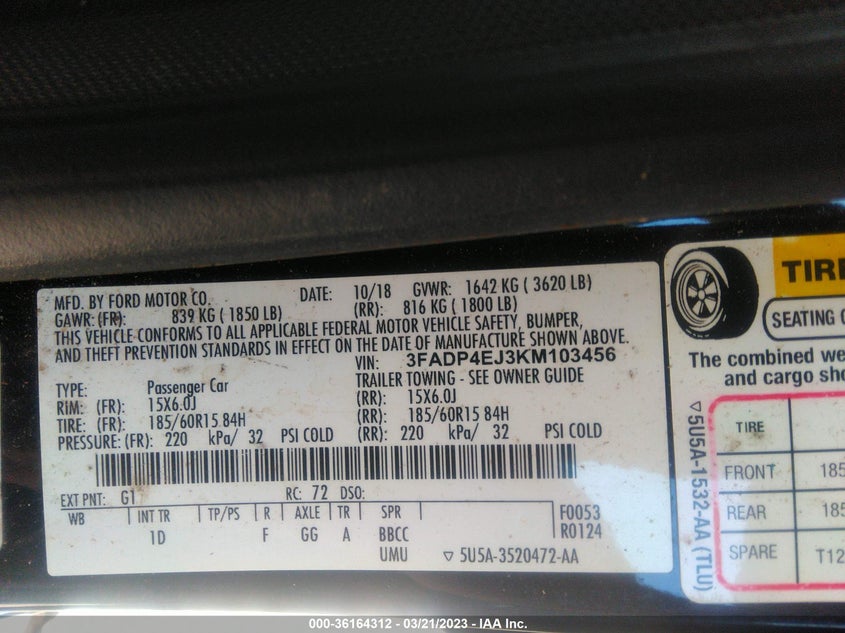 VIN 3FADP4EJ3KM103456 2019 FORD FIESTA SE
