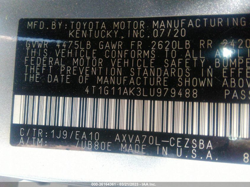2020 TOYOTA CAMRY SE - 4T1G11AK3LU979488
