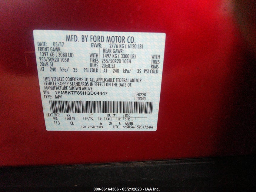 VIN 1FM5K7F89HGD04447 2017 FORD EXPLORER LIMITED