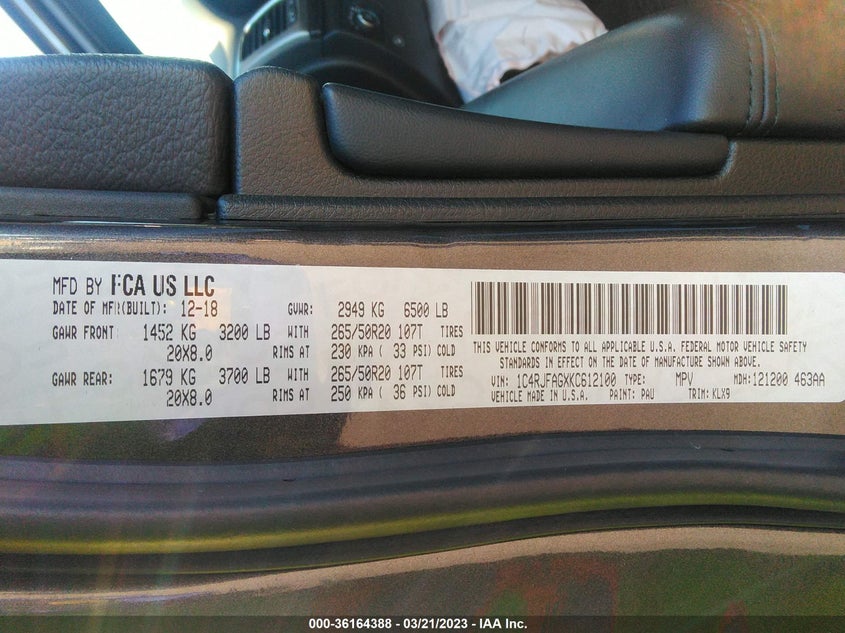 VIN 1C4RJFAGXKC612100 2019 JEEP GRAND CHEROKEE ALTITUDE