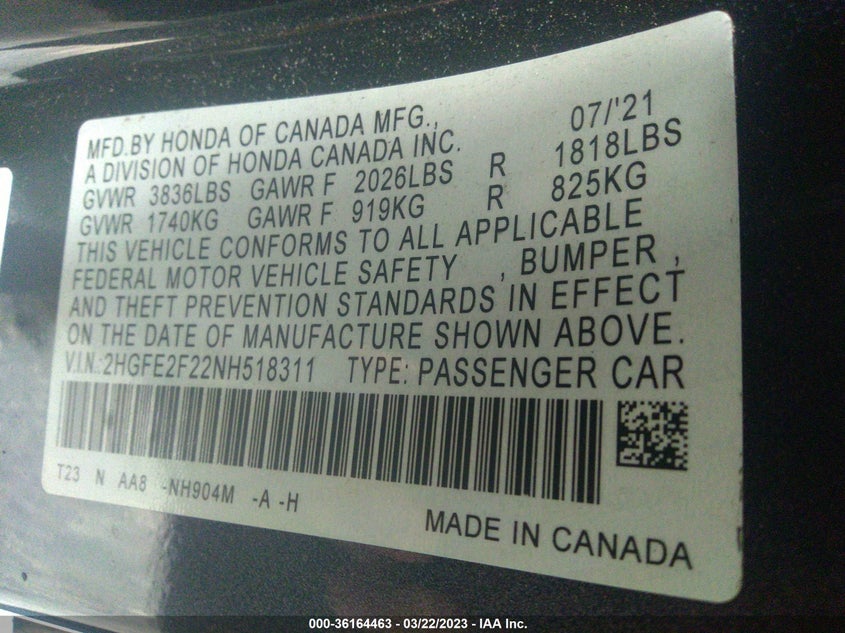 VIN 2HGFE2F22NH518311 2022 HONDA CIVIC SEDAN LX